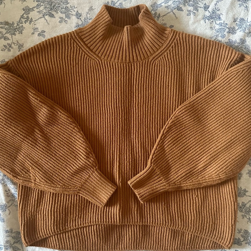 FLAWED - Anthropologie Maeve Carys Ribbed Mock-Neck Sweater with Balloon Sleeves